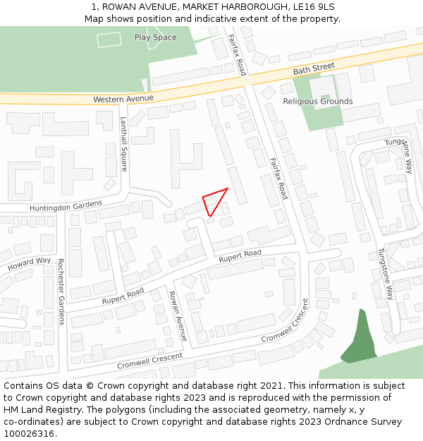 1, ROWAN AVENUE, MARKET HARBOROUGH, LE16 9LS: Location map and indicative extent of plot