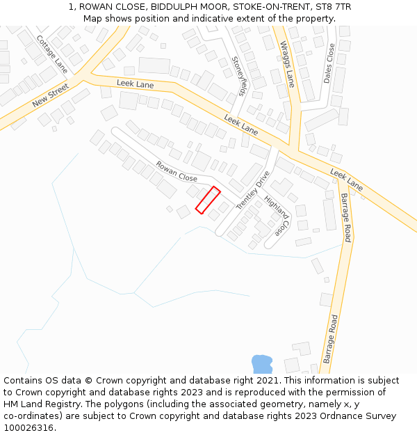 1, ROWAN CLOSE, BIDDULPH MOOR, STOKE-ON-TRENT, ST8 7TR: Location map and indicative extent of plot