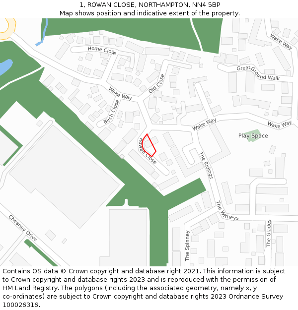 1, ROWAN CLOSE, NORTHAMPTON, NN4 5BP: Location map and indicative extent of plot