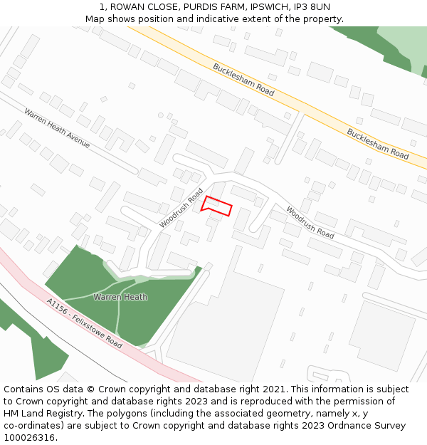 1, ROWAN CLOSE, PURDIS FARM, IPSWICH, IP3 8UN: Location map and indicative extent of plot