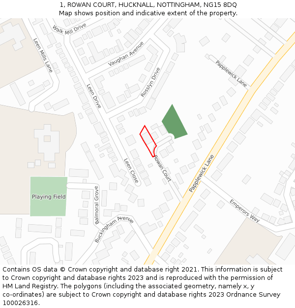 1, ROWAN COURT, HUCKNALL, NOTTINGHAM, NG15 8DQ: Location map and indicative extent of plot