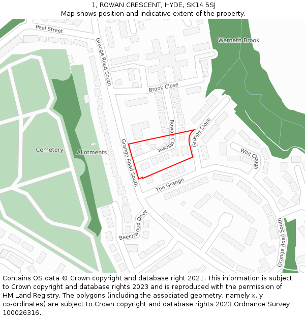 1, ROWAN CRESCENT, HYDE, SK14 5SJ: Location map and indicative extent of plot