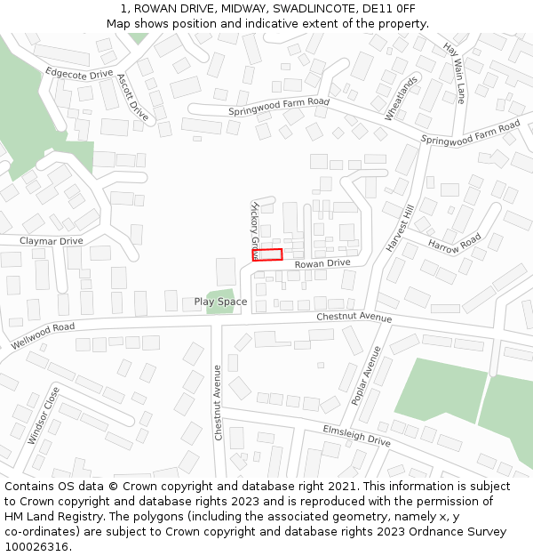 1, ROWAN DRIVE, MIDWAY, SWADLINCOTE, DE11 0FF: Location map and indicative extent of plot