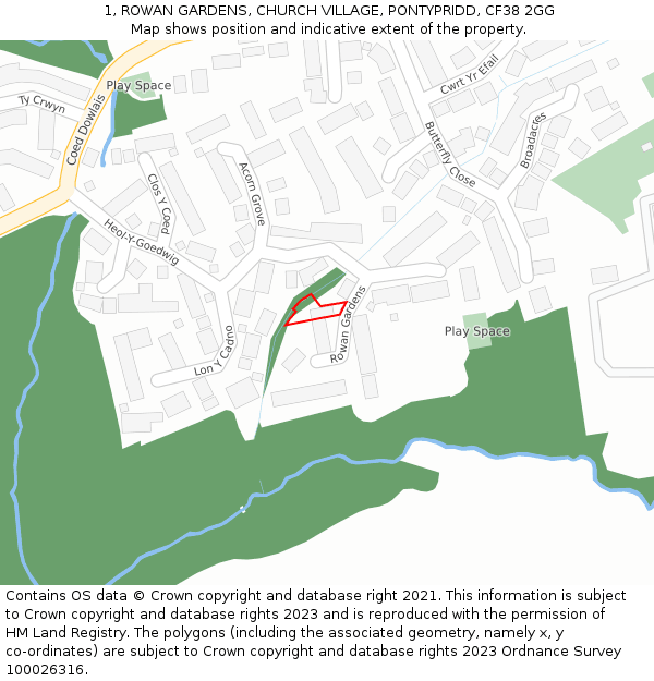 1, ROWAN GARDENS, CHURCH VILLAGE, PONTYPRIDD, CF38 2GG: Location map and indicative extent of plot