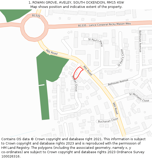 1, ROWAN GROVE, AVELEY, SOUTH OCKENDON, RM15 4SW: Location map and indicative extent of plot