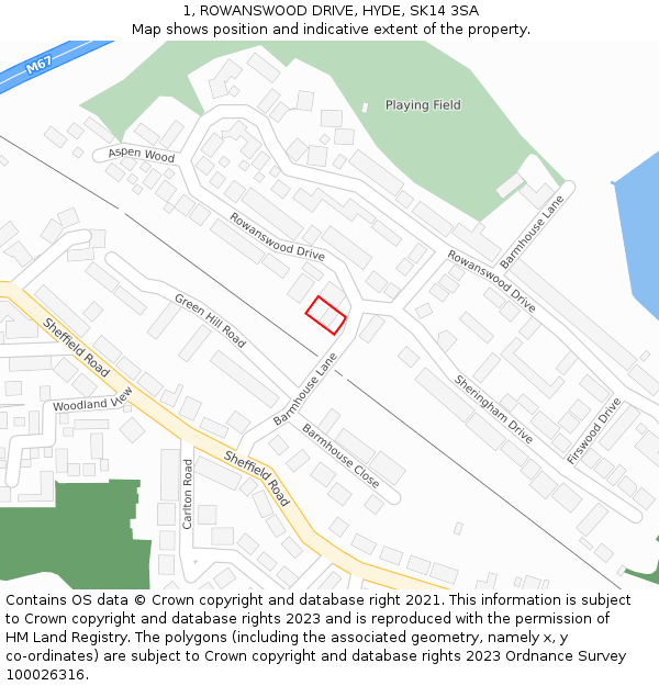 1, ROWANSWOOD DRIVE, HYDE, SK14 3SA: Location map and indicative extent of plot