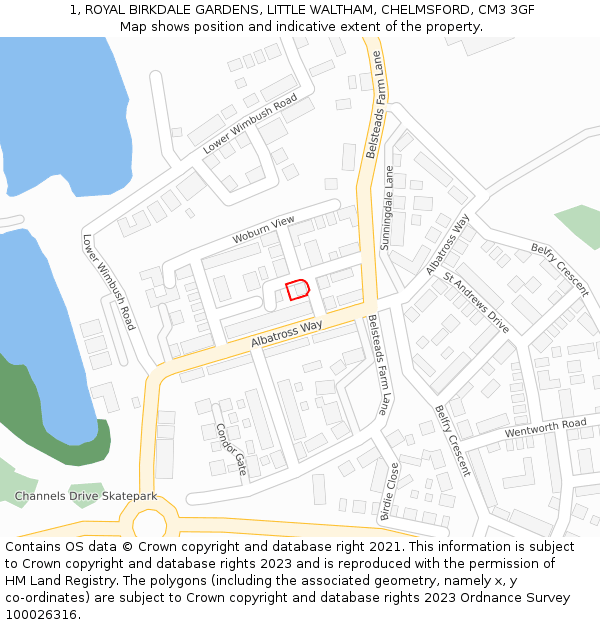 1, ROYAL BIRKDALE GARDENS, LITTLE WALTHAM, CHELMSFORD, CM3 3GF: Location map and indicative extent of plot