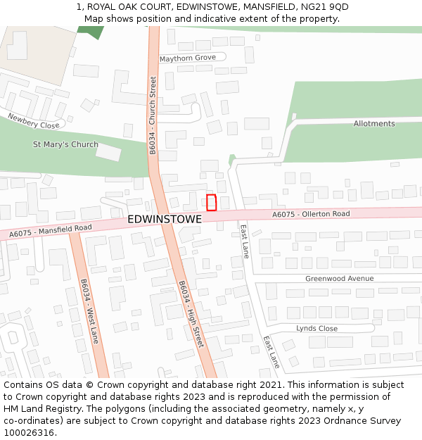 1, ROYAL OAK COURT, EDWINSTOWE, MANSFIELD, NG21 9QD: Location map and indicative extent of plot