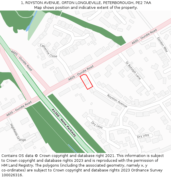 1, ROYSTON AVENUE, ORTON LONGUEVILLE, PETERBOROUGH, PE2 7AA: Location map and indicative extent of plot