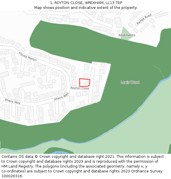 1, ROYTON CLOSE, WREXHAM, LL13 7EP: Location map and indicative extent of plot