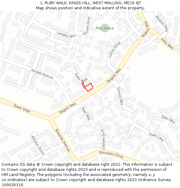 1, RUBY WALK, KINGS HILL, WEST MALLING, ME19 4JT: Location map and indicative extent of plot