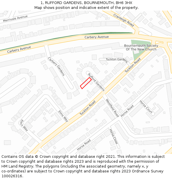 1, RUFFORD GARDENS, BOURNEMOUTH, BH6 3HX: Location map and indicative extent of plot