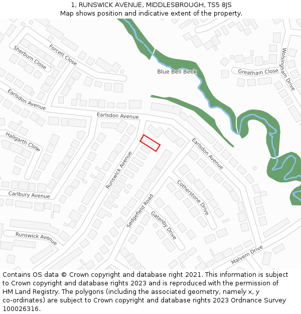 1, RUNSWICK AVENUE, MIDDLESBROUGH, TS5 8JS: Location map and indicative extent of plot