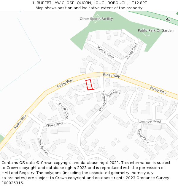 1, RUPERT LAW CLOSE, QUORN, LOUGHBOROUGH, LE12 8PE: Location map and indicative extent of plot