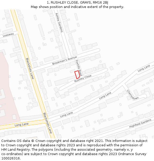 1, RUSHLEY CLOSE, GRAYS, RM16 2BJ: Location map and indicative extent of plot