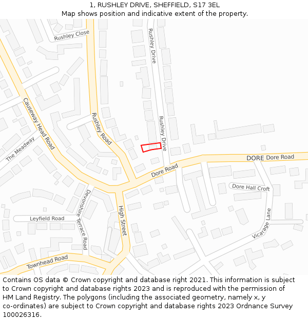 1, RUSHLEY DRIVE, SHEFFIELD, S17 3EL: Location map and indicative extent of plot
