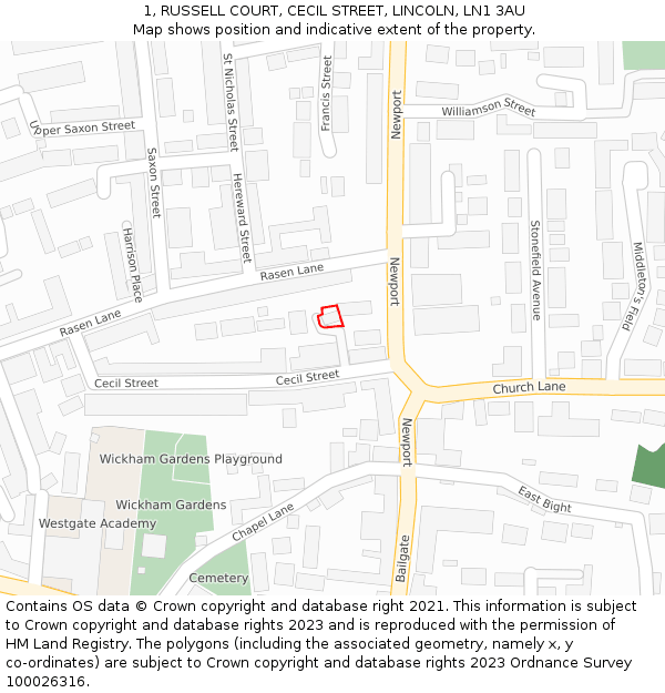 1, RUSSELL COURT, CECIL STREET, LINCOLN, LN1 3AU: Location map and indicative extent of plot
