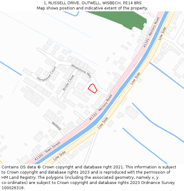 1, RUSSELL DRIVE, OUTWELL, WISBECH, PE14 8RS: Location map and indicative extent of plot