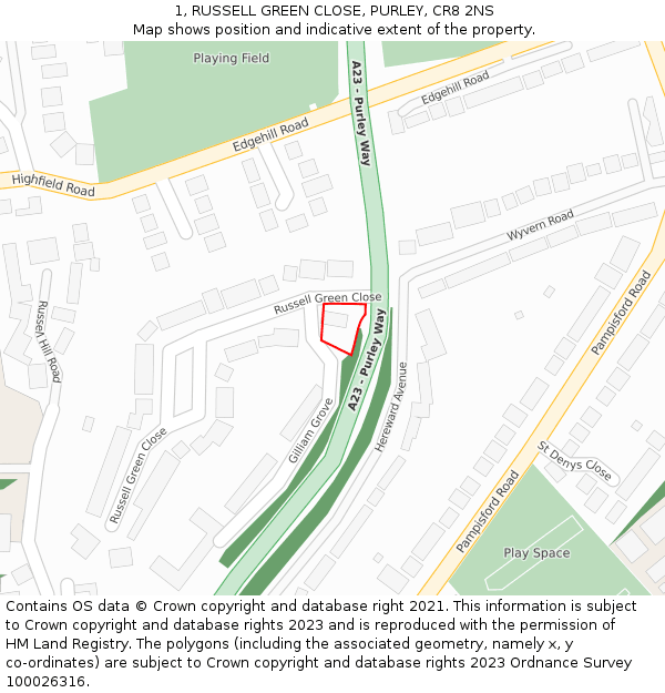 1, RUSSELL GREEN CLOSE, PURLEY, CR8 2NS: Location map and indicative extent of plot