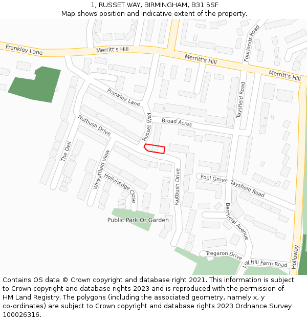 1, RUSSET WAY, BIRMINGHAM, B31 5SF: Location map and indicative extent of plot