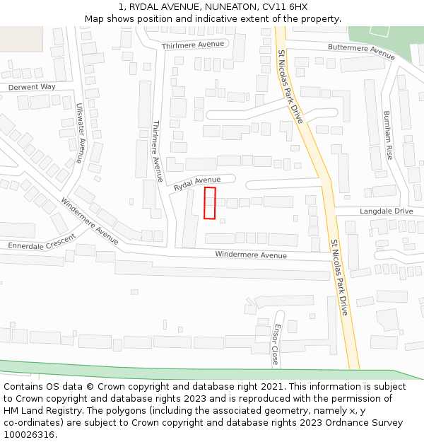 1, RYDAL AVENUE, NUNEATON, CV11 6HX: Location map and indicative extent of plot