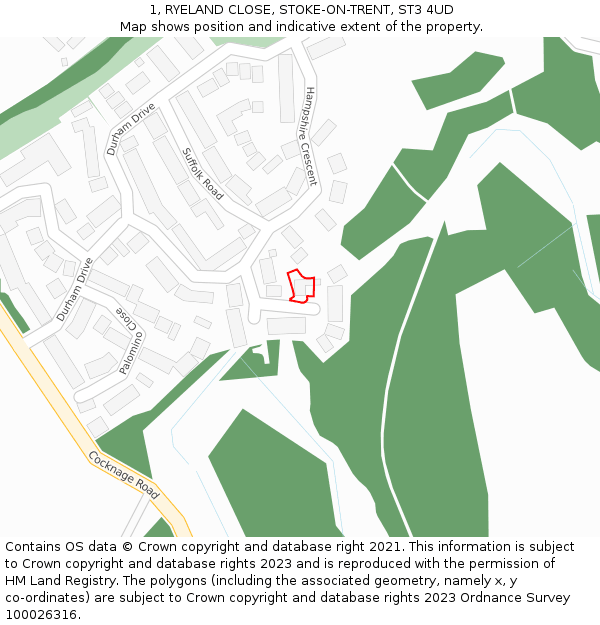 1, RYELAND CLOSE, STOKE-ON-TRENT, ST3 4UD: Location map and indicative extent of plot