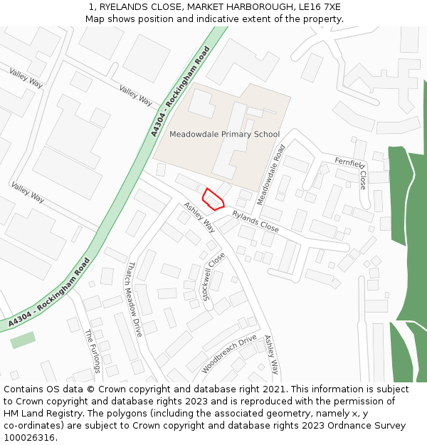 1, RYELANDS CLOSE, MARKET HARBOROUGH, LE16 7XE: Location map and indicative extent of plot