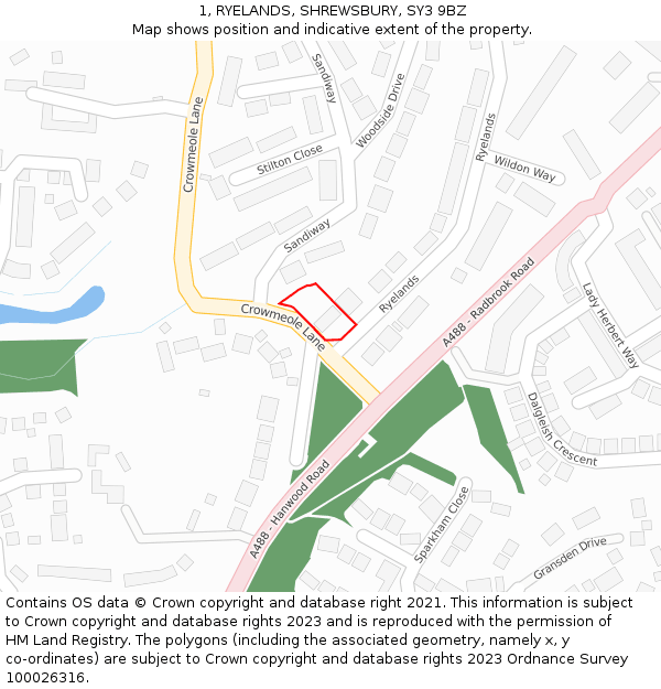 1, RYELANDS, SHREWSBURY, SY3 9BZ: Location map and indicative extent of plot