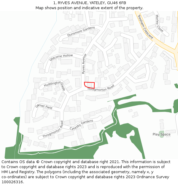 1, RYVES AVENUE, YATELEY, GU46 6FB: Location map and indicative extent of plot