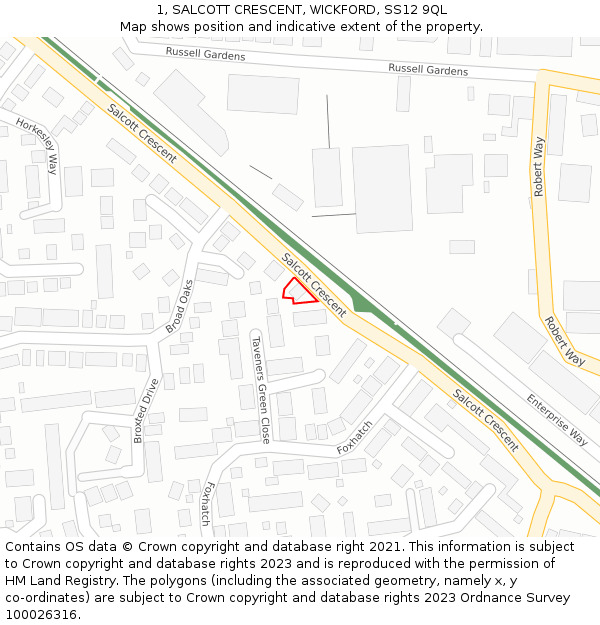 1, SALCOTT CRESCENT, WICKFORD, SS12 9QL: Location map and indicative extent of plot