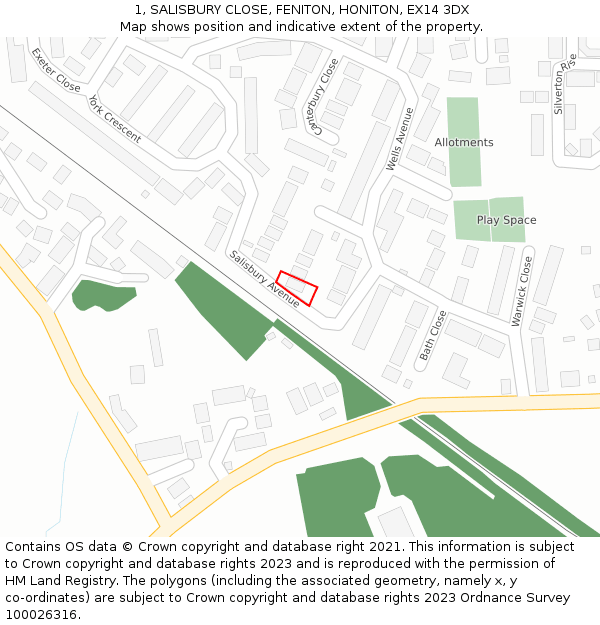 1, SALISBURY CLOSE, FENITON, HONITON, EX14 3DX: Location map and indicative extent of plot
