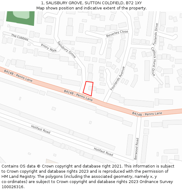 1, SALISBURY GROVE, SUTTON COLDFIELD, B72 1XY: Location map and indicative extent of plot