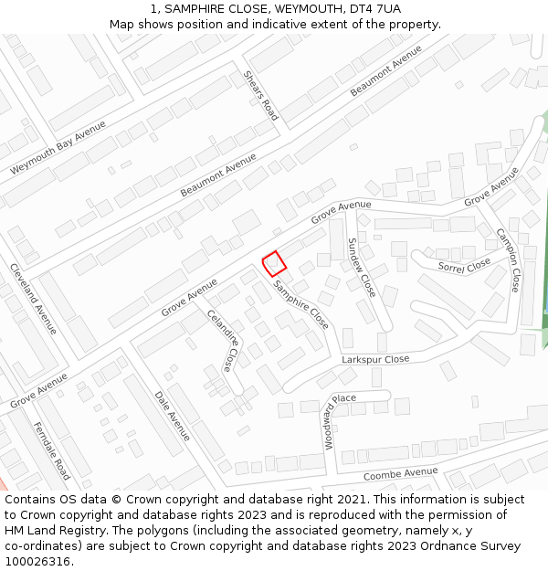 1, SAMPHIRE CLOSE, WEYMOUTH, DT4 7UA: Location map and indicative extent of plot