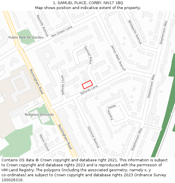 1, SAMUEL PLACE, CORBY, NN17 1BQ: Location map and indicative extent of plot