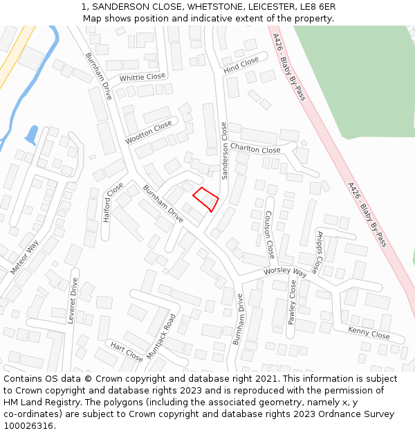 1, SANDERSON CLOSE, WHETSTONE, LEICESTER, LE8 6ER: Location map and indicative extent of plot