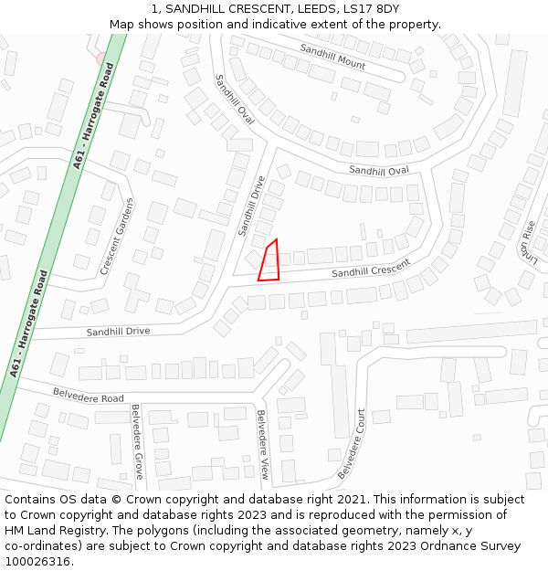 1, SANDHILL CRESCENT, LEEDS, LS17 8DY: Location map and indicative extent of plot