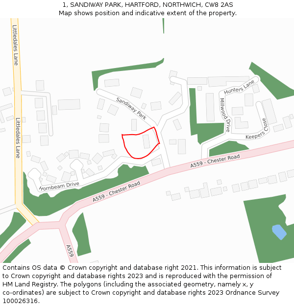 1, SANDIWAY PARK, HARTFORD, NORTHWICH, CW8 2AS: Location map and indicative extent of plot
