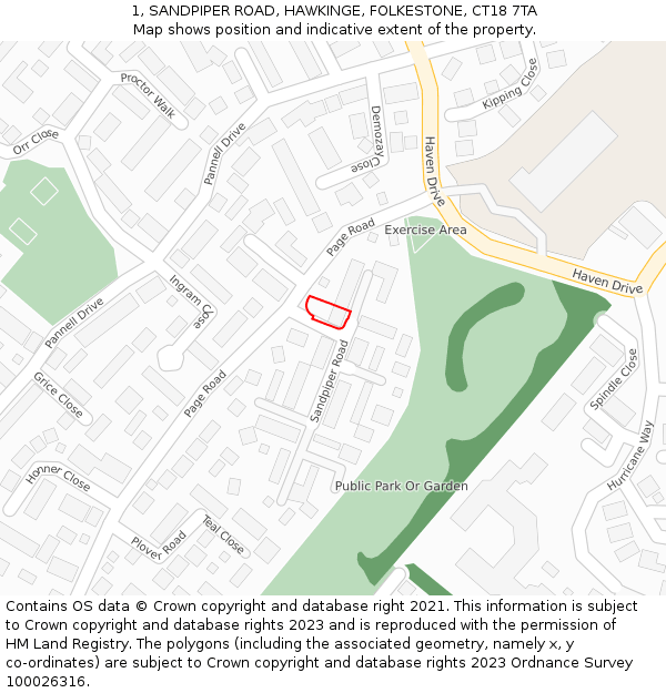 1, SANDPIPER ROAD, HAWKINGE, FOLKESTONE, CT18 7TA: Location map and indicative extent of plot