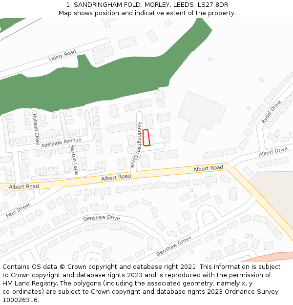 1, SANDRINGHAM FOLD, MORLEY, LEEDS, LS27 8DR: Location map and indicative extent of plot
