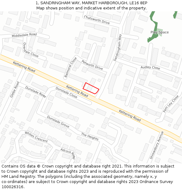 1, SANDRINGHAM WAY, MARKET HARBOROUGH, LE16 8EP: Location map and indicative extent of plot