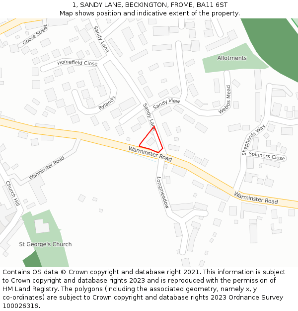 1, SANDY LANE, BECKINGTON, FROME, BA11 6ST: Location map and indicative extent of plot