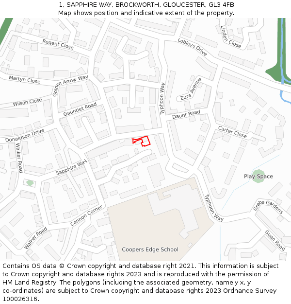 1, SAPPHIRE WAY, BROCKWORTH, GLOUCESTER, GL3 4FB: Location map and indicative extent of plot