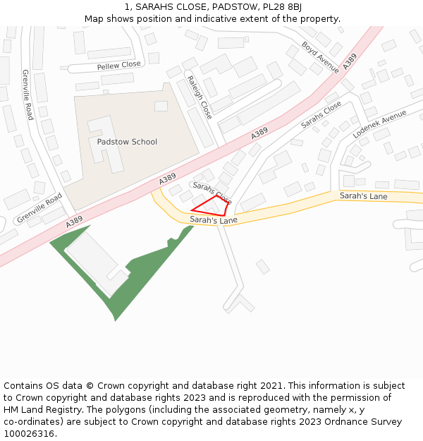 1, SARAHS CLOSE, PADSTOW, PL28 8BJ: Location map and indicative extent of plot