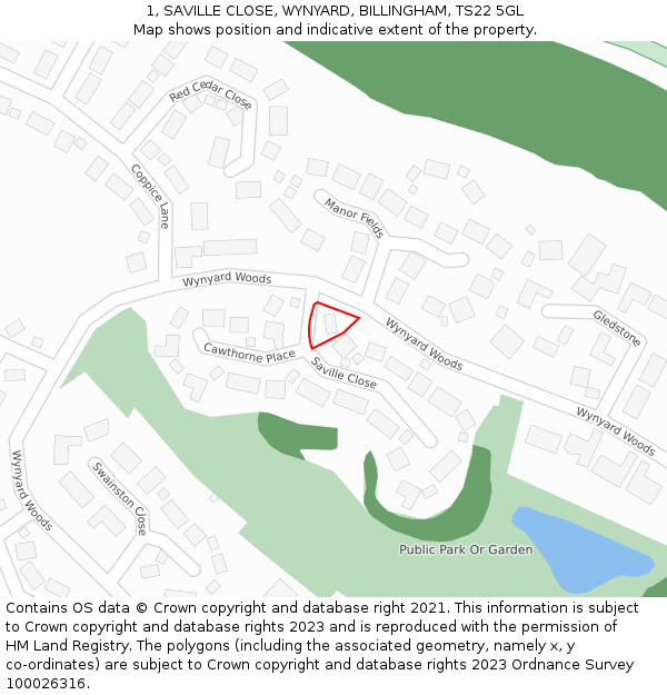 1, SAVILLE CLOSE, WYNYARD, BILLINGHAM, TS22 5GL: Location map and indicative extent of plot