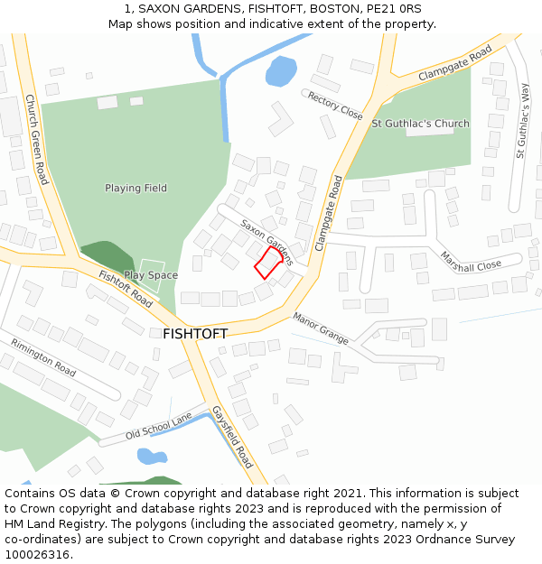 1, SAXON GARDENS, FISHTOFT, BOSTON, PE21 0RS: Location map and indicative extent of plot