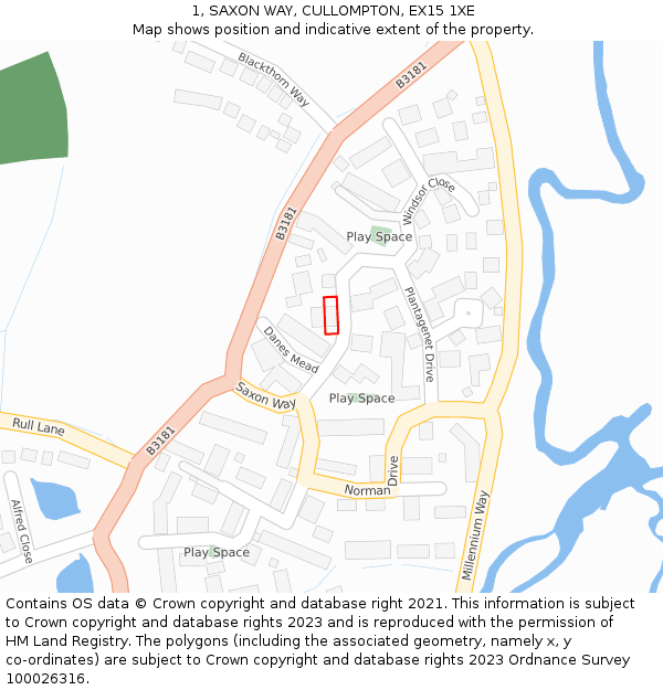 1, SAXON WAY, CULLOMPTON, EX15 1XE: Location map and indicative extent of plot