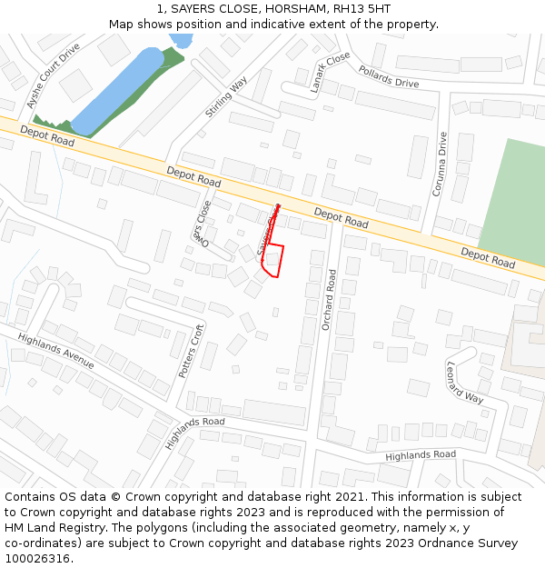 1, SAYERS CLOSE, HORSHAM, RH13 5HT: Location map and indicative extent of plot