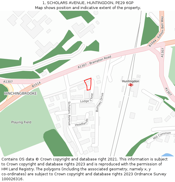 1, SCHOLARS AVENUE, HUNTINGDON, PE29 6GP: Location map and indicative extent of plot
