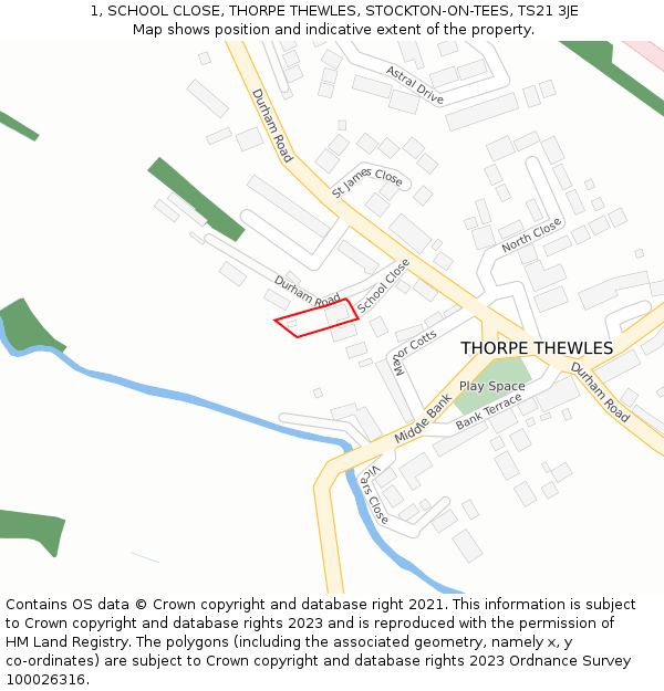 1, SCHOOL CLOSE, THORPE THEWLES, STOCKTON-ON-TEES, TS21 3JE: Location map and indicative extent of plot