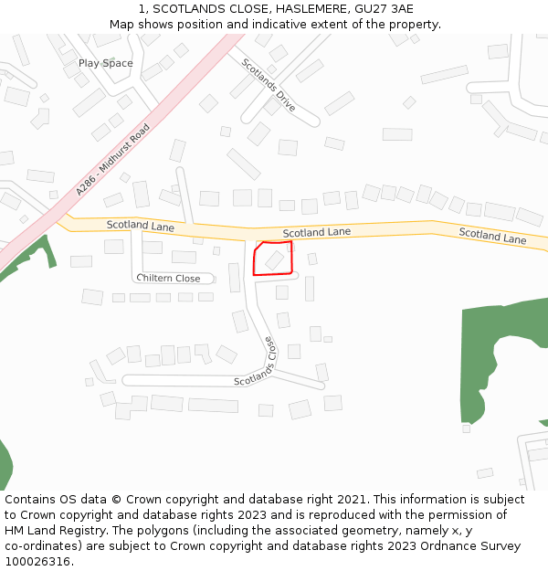 1, SCOTLANDS CLOSE, HASLEMERE, GU27 3AE: Location map and indicative extent of plot